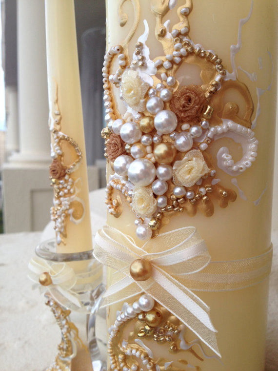 زفاف - Wonderful Wedding unity candle set in ivory, gold and brown on ivory candles. It's PERFECT for your Unity Ceremony