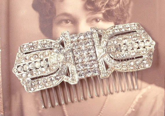 زفاف - Antique OOAK Art Deco Hair Comb 1920s Silver Bridal Head Piece Pave Rhinestone Dress Fur Clips to Long Flapper Hair Accessory Gatsby Wedding
