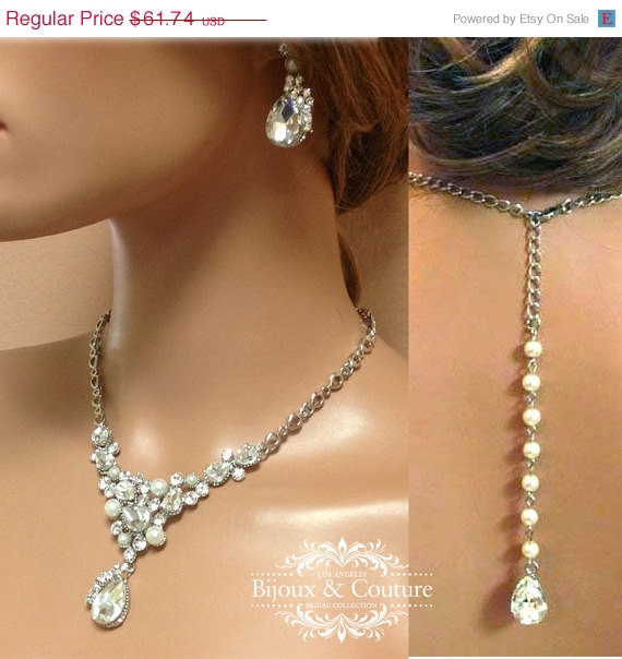 Свадьба - Bridal jewelry set, Wedding jewelry, back drop necklace earrings, pearl necklace, crystal necklace, bridesmaid jewelry set