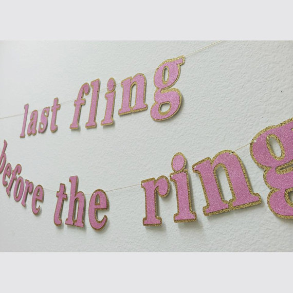 زفاف - Pink and Gold Glitter "Last Fling Before the Ring" Bachelorette Party Banner; Block Letter Banner; Engagement Banner