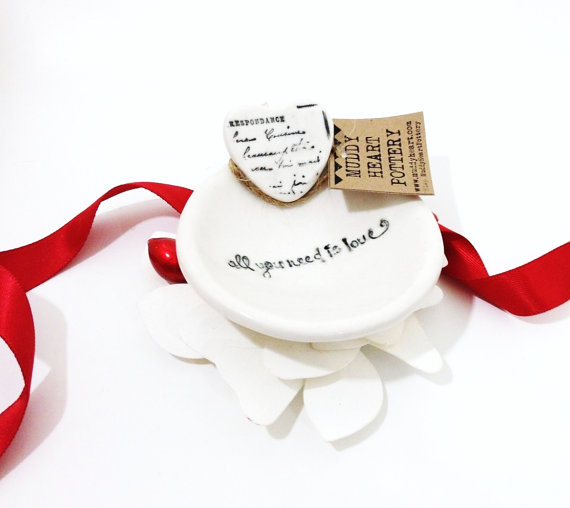 Hochzeit - All You Need Is Love Ring Holder Dish Porcelain Black and White Made To Order