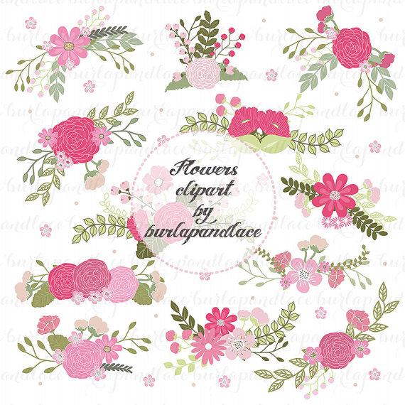Mariage - Wedding Floral Clip Art, Hand Illustrated Digital Flowers , Flower and Laurel Clip Art, PNG Flower Clip Art,  Wreath flower
