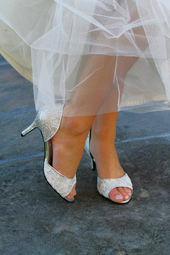 Mariage - Wedding shoes silver gold metallic d'orsay peep toe low heel short heel high heel bridal shoes embellished with ivory French lace
