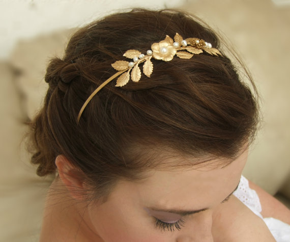 Hochzeit - Grecian Crown, Bridal Headband, Wedding Hair Accessories, Gold Leaf Headband, Real Pearl Headband, Roman Headpiece, MADE TO ORDER