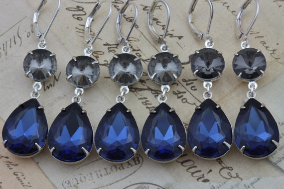 زفاف - Bridesmaids Earrings Gift Navy Blue Wedding Bridesmaids Jewelry Set of 10 Pairs Something Blue Silver