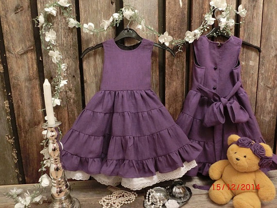 Wedding - Toddler girl birthday dress. Plum purple flower girl dress. Girls linen ruffle dress. Purple rustic flower girl dress, girls linen dress