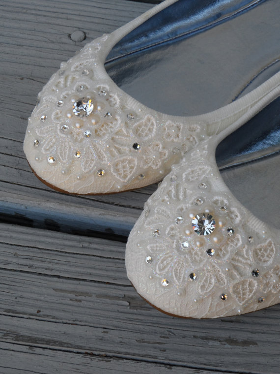 Hochzeit - Shimmer Lace Bridal Ballet Flats Wedding Shoes - Any Size - Pick your own crystal color