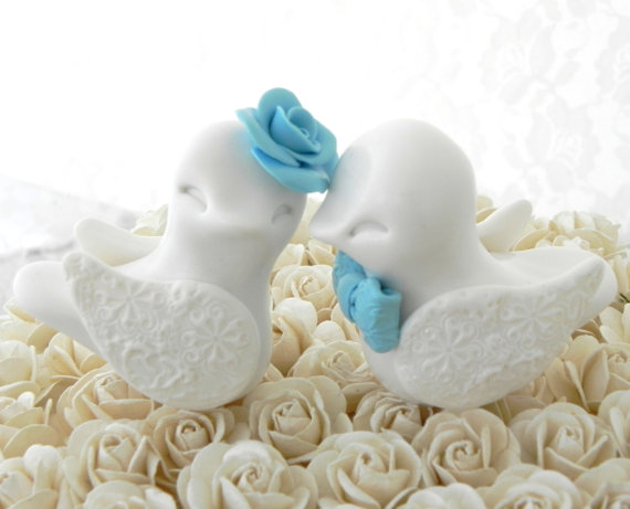 زفاف - Romantic Wedding Cake Topper, Love Birds, White and Pool Blue, Bride and Groom Keepsake