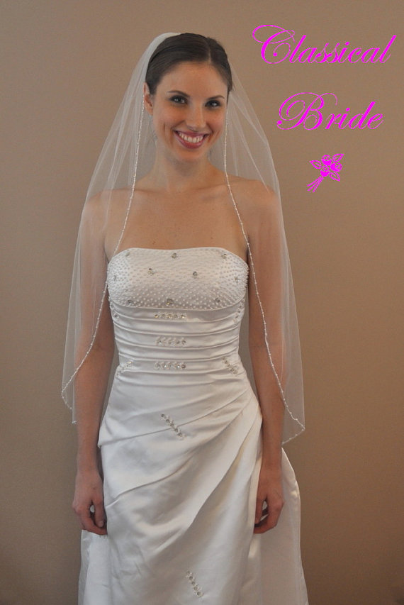 Свадьба - FIFI -- Round Pearl & Silver Bead Fingertip Veil 1 Tier 40 Inch in White, Diamond White, or Ivory Tulle, custom handmade wedding bridal veil