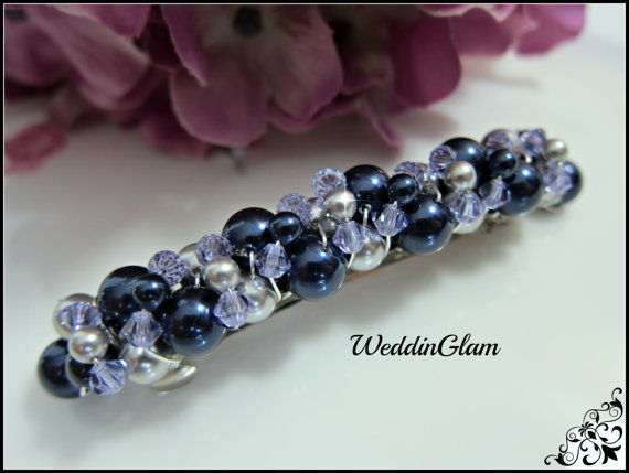 Hochzeit - Pearl barrette, Wedding hair accessories, Bridesmaid hair barrette, Bridal barrette, Navy blue Grey purple blend, Swarovski pearls
