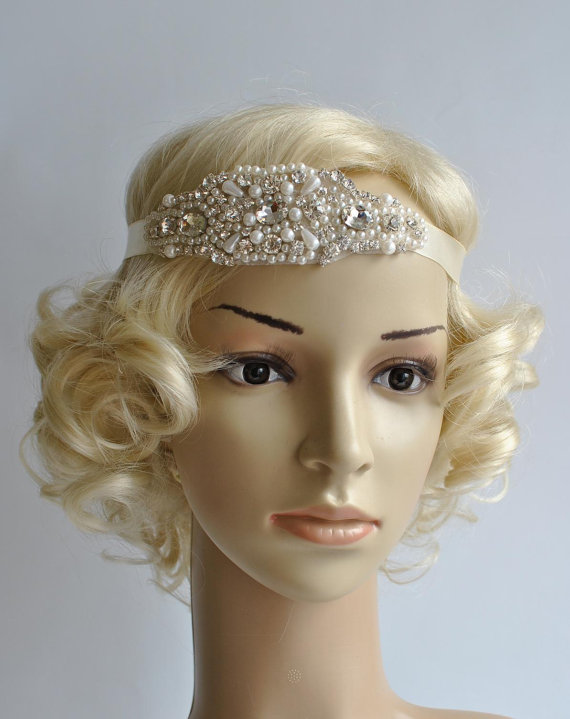 Свадьба - Crystal Pearls Rhinestone , flapper Gatsby Headband, Wedding Headband, Wedding Headpiece, Halo Bridal Headpiece, 1920s Flapper headband