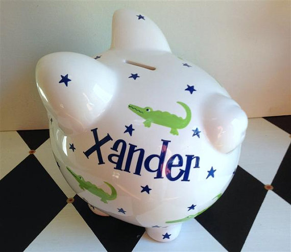 Свадьба - Preppy Gator Personalized Piggy Bank Hand Painted Size Large