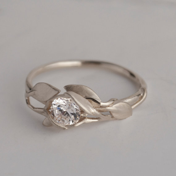 Wedding - Leaves Engagement Ring No. 6 - Platinum and Diamond engagement ring, engagement ring, Platinum leaf ring, antique, art nouveau, vintage