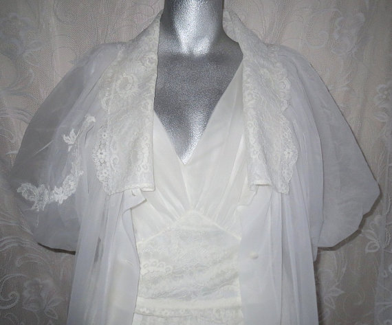 زفاف - Vintage Shadowline Honeymoon Bridal Sheer White Peignoir Negligee Nightgown and Robe Set, Womens Size Small