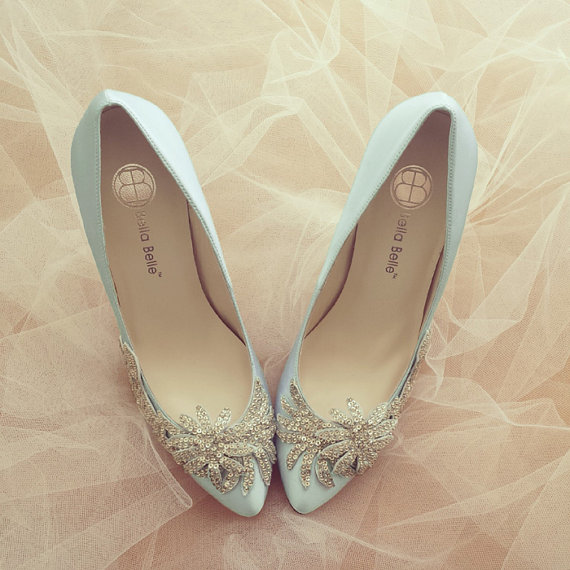 Mariage - Something Blue Wedding Shoes with Crystal Vine Applique Beading Embellishment Satin Bridal Pumps, Bella Belle DAWN