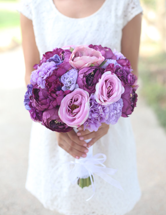 Mariage - Silk Bride Bouquet Purple and Lavender Shabby Chic Vintage Inspired Rustic Wedding