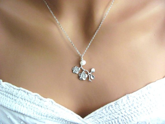 Mariage - Detailed Cherry Blossom and Pearl Necklace in Silver- romantic spring bridal bridesmaids jewelry gifts, available in gold.