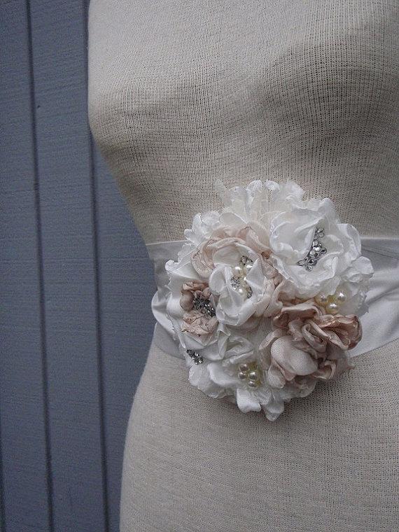 Hochzeit - Ready toship Bridal Sash With one Unique Design Flower off white and shampange color