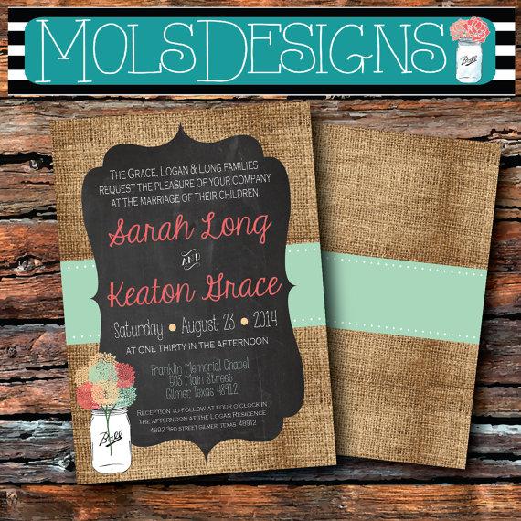 زفاف - Any Color BURLAP CHALKBOARD WEDDING Bridal Shower Mason Jar Vintage Floral Mint Coral Peach Bbq Brunch Engagement Baby Rsvp Invitation