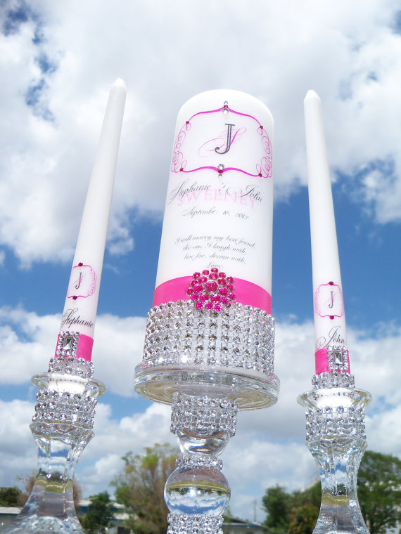 Hochzeit - Hot Pink Unity Candle Set........Matching Holders Included