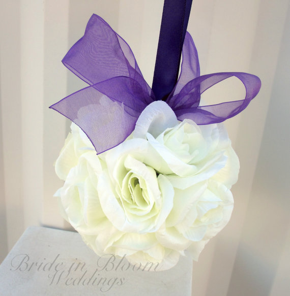 زفاف - Wedding flower balls pomander white purple Wedding decorations Ceremony Aisle pew markers