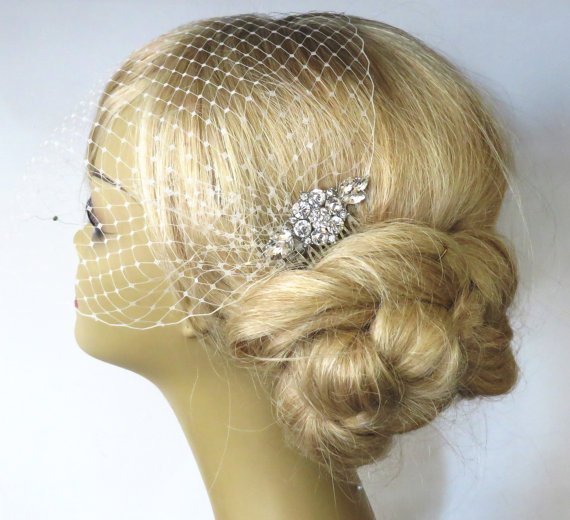 Wedding - Birdcage Veil and a Hair Comb (2 Items)  Bridal Headpiece Rhinestone Bridal Comb Weddings Blusher Bird Cage Veil