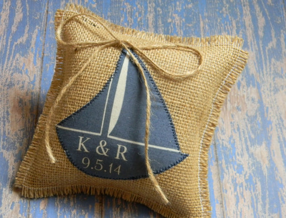Свадьба - Sailboat Nautical Ring Bearer Pillow Navy Yacht Club Beach Wedding Personalized Ringbearer Pillow
