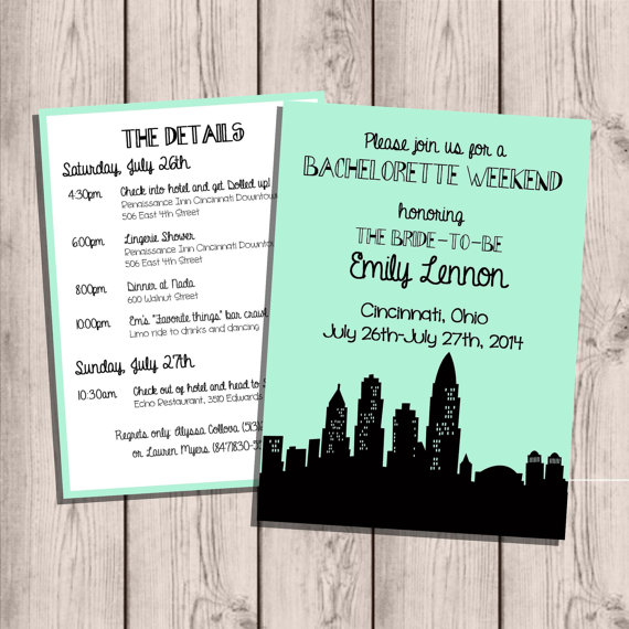 زفاف - Cincinatti Skyline Bachelorette Party Invitation, Custom, with Itinerary, Double-Sided, 5x7