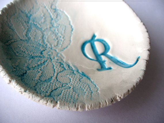 Свадьба - Bridesmaid Gift Dishes Lace Initial ONE (1) Dish