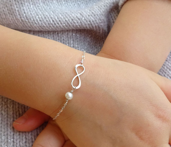 Wedding - Child size silver infinity bracelet with pearl accent, bracelet for child, small infinity bracelet, flower girl gift, junior bridesmaid