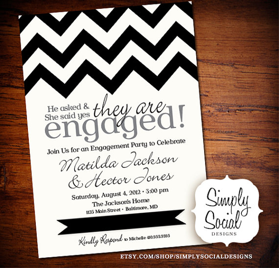 Mariage - Black and White Chevron Engagement Party Invitation