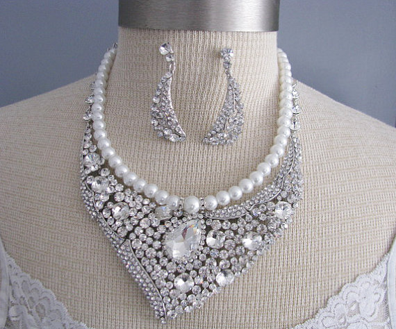 Hochzeit - Statement Wedding Necklace in  silver tone and White Swarovski Pearl Great Bridal Wedding Jewelry