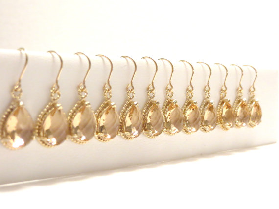 Hochzeit - Set of 6 Peach Bridesmaid Earrings Gold Earrings Peach Earrings Peach Sapphire Bridal Jewelry Peach Bridesmaid Earrings Peach Wedding