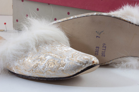 زفاف - Metallic gold and white mules w/ rabbit fur trim and 1inch heel. 1970s, pampered, elegant, sexy