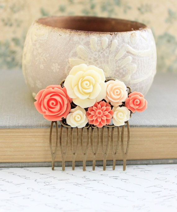 Hochzeit - Coral Bridal Hair Comb Peach Rose Ivory Cream Rose Floral Collage Flower Hair Accessories Bridesmaids Gifts Wedding Jewelry Flowers for Hair