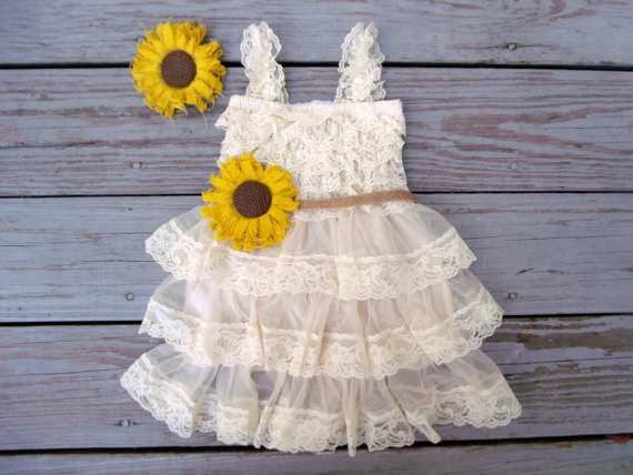 Hochzeit - Sunflower Flower Girl Dress-Sunflower Wedding-Sunflower Dress-Country Flower Girl Dress-Rustic Flower Dress-Sunflower Headband-Sunflower