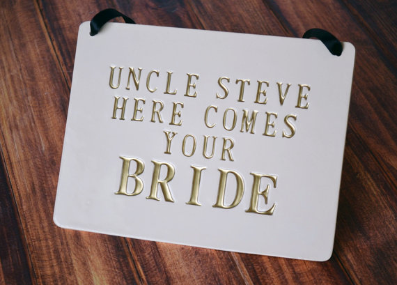 Wedding - Personalized rectangular Here Comes The Bride Wedding Sign - to carry down the aisle and use as photo prop