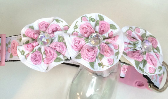 Wedding - Roses and Glitter Sparkling Collar with Embellishments by Collars for Canines