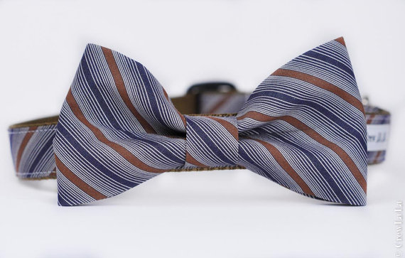 زفاف - Limited Edition Blue & Brown Striped Bow Tie Dog Collar