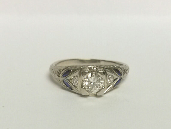 زفاف - RESERVED NOT for sale SI2 G Estate 18k White Gold Diamond Sapphire Wedding Engagement Antique Detailed Ring Band Promise
