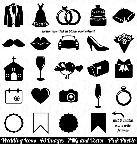 Wedding - Wedding Icons Clipart Clip Art, Vintage Wedding Invitation Icons Clip Art Clipart Vectors - Commercial Use