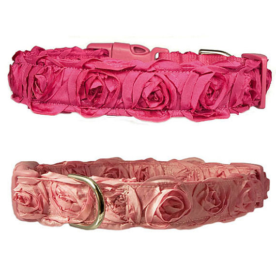 زفاف - Designer Rosette 1" Flower Dog Collar - Fuchsia or Light Pink Dog Collar
