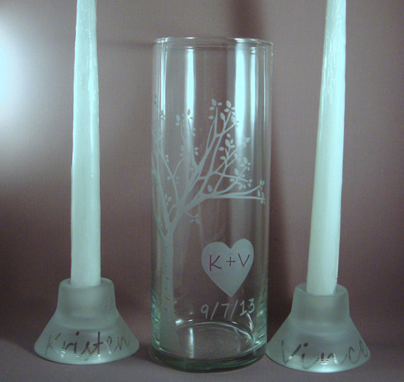 Mariage - Unity SET, Wedding Unity Candle Set - Rustic Blooming  Sweetheart Tree Personalized Etched Glass w/ Floating Candle and Side Candles