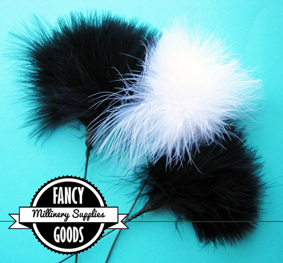 Mariage - 3 - Black & White- Marabou - Ostrich Feather Picks - Pom Pom - Poof - Millinery Feathers - Bouquet Picks