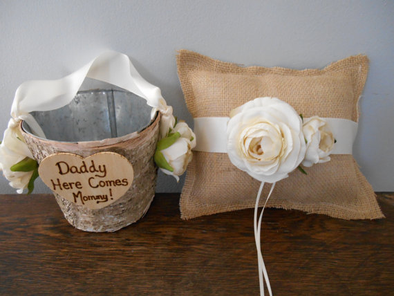 Mariage - Rustic Flower Girl Basket and Burlap Ring Bearer Pillow SET Natural Birch Bark shown Ivory Ranunculus with Wood or Chalkboard Tags