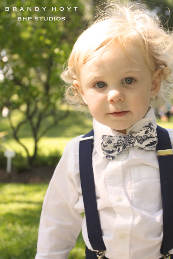 Wedding - Navy Bow Tie and Suspenders: Dark Blue, Floral Suspenders and Bow Tie, Toddler Suspenders, Boys Suspenders, Winter Wedding, Ring Bearer