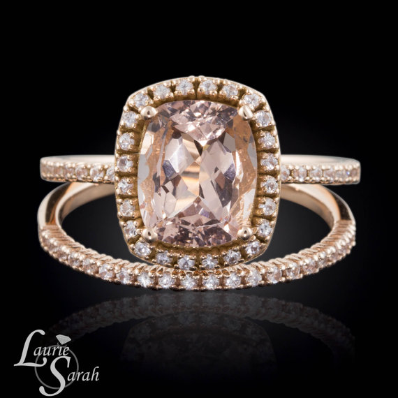 Hochzeit - Diamond Alternative Engagement Ring, Diamond Alternative Wedding Band, Morganite Engagement Ring, White Sapphire Wedding Band - LS3111