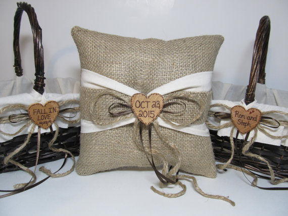 Mariage - Two Personalized Rustic Flower Girl Baskets and Ring Bearer Pillow For Your Country Woodland Wedding