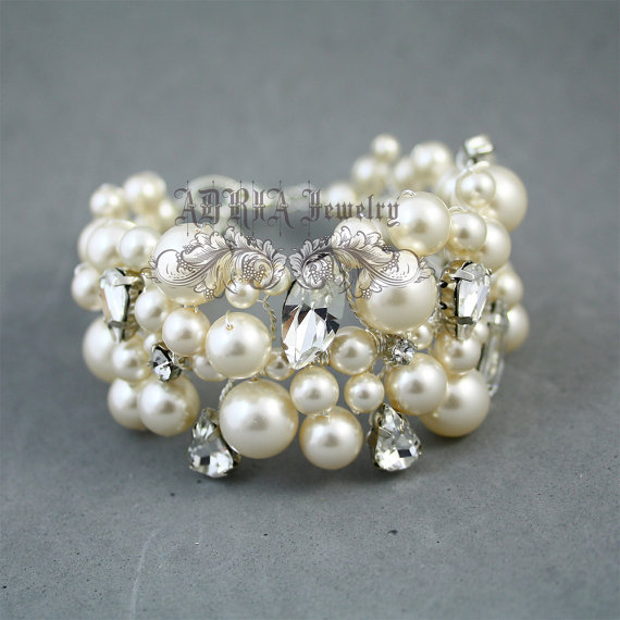 Hochzeit - Vintage Style Bridal Wedding Cuff Bracelet, Bridal Bracelet, Rhinestone Pearl Wedding Jewelry,  Swarovski White Ivory Pearl Bracelet
