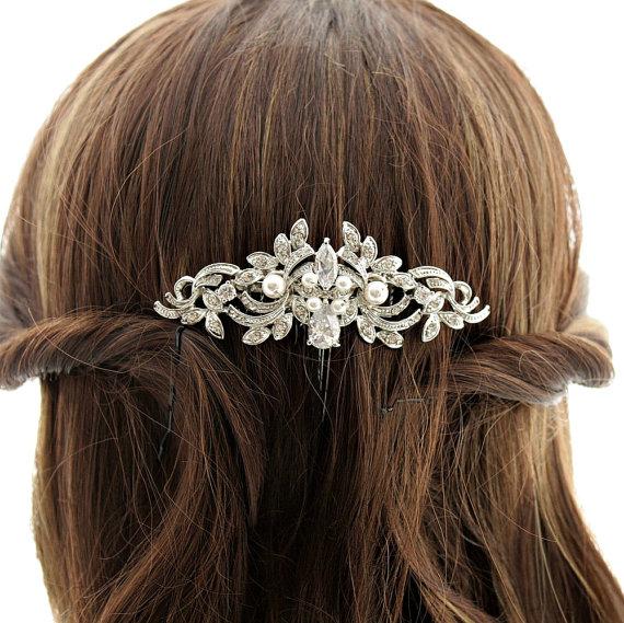 Wedding - Crystal Wedding Hair Comb Accessory Silver Vintage Style Rhinestone Wedding Hair Comb with Swarovski Pearls Bridal Hair Accessories